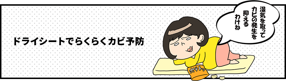 ドライシートでらくらくカビ予防　ずぼら子さん「湿気を取ってカビの発生を抑えるわけね」