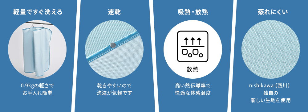 軽量ですぐ洗える　0.9kgの軽さでお手入れ簡単、速乾　乾きやすいので洗濯が気軽です、吸熱・放熱　高い熱伝導率で快適な体感温度、蒸れにくい　nishikawa(西川)独自の新しい生地を使用