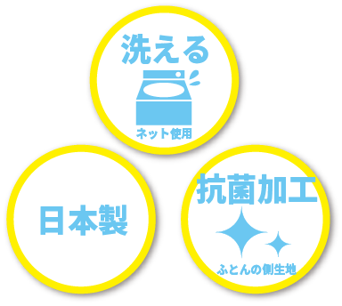 洗える(ネット使用)、抗菌加工(ふとんの側生地)、日本製