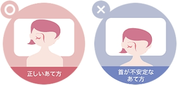 イメージイラスト（〇 正しいあて方／× 首が不安定なあて方）