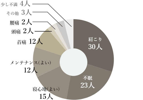 グラフ画像（肩こり30人／不眠23人／寝心地(よい)15人／メンテナンス(よい)12人／首痛12人／頭痛2人／腰痛2人／その他3人／少し不満4人）