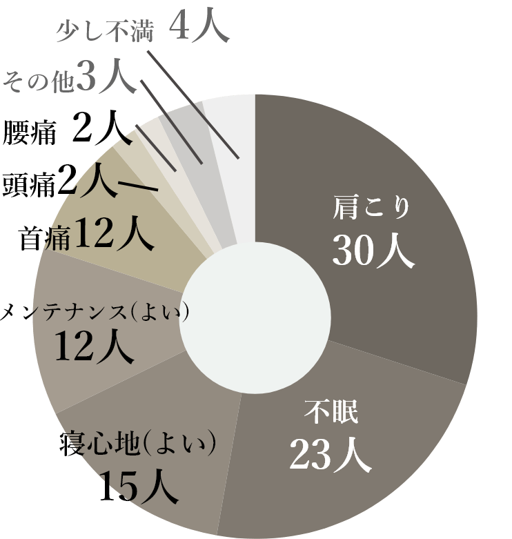 グラフ画像（肩こり30人／不眠23人／寝心地(よい)15人／メンテナンス(よい)12人／首痛12人／頭痛2人／腰痛2人／その他3人／少し不満4人）