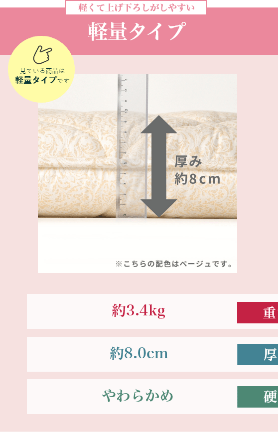 軽くて上げ下ろしがしやすい 軽量タイプ 重さ：約3.4kg、厚み：約8.0cm、硬さ：やわらかめ